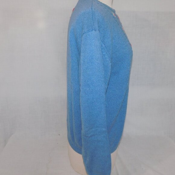 VTG Tulchan Womens XL Blue Pink White Embroidered Flowers Knit Sweater - Picture 7 of 10
